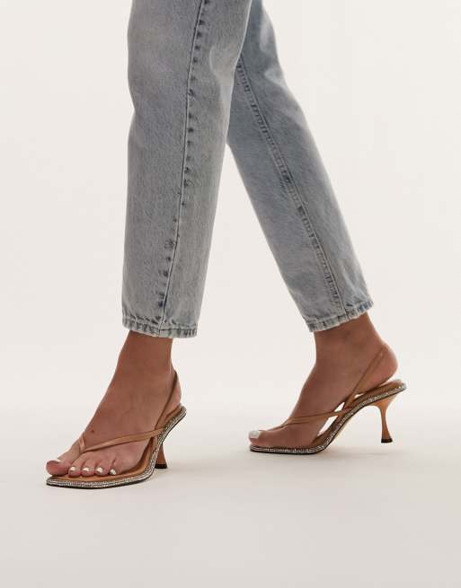 Topshop Cara slingback heeled sandals with diamante trim in camel