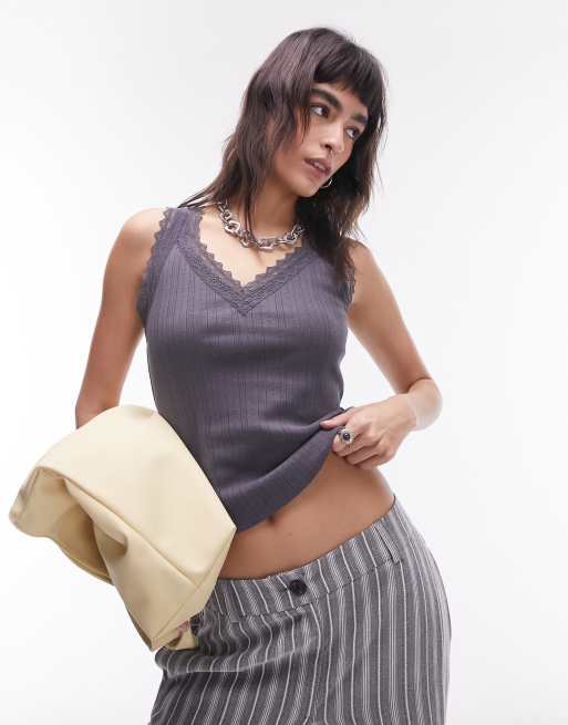 Topshop - Caraco à col V en maille pointelle et dentelle - Gris ardoise, 2 de 4