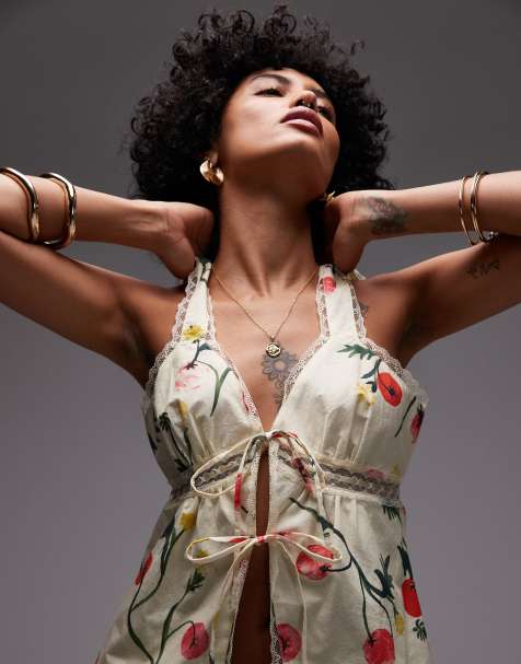 Topshop - Caraco d'ensemble à imprimé tomate et bordures en dentelle - view 1