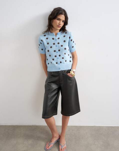 Topshop - Cardigan a maniche corte in maglia blu a pois - view 1