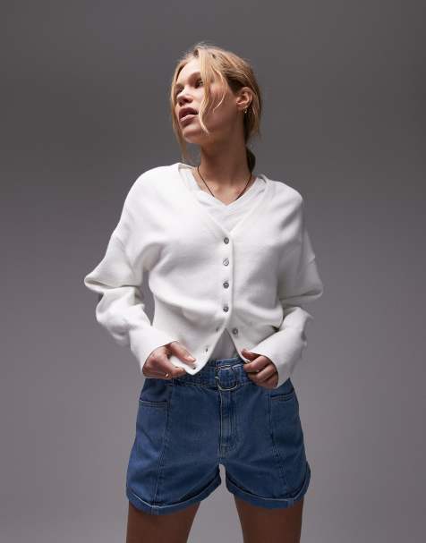 Topshop - Cardigan aderente in vita in maglia compatta color avorio con scollo a V - view 1