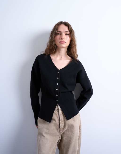 Topshop - Cardigan aderente in vita nera taglio lungo in maglia compatta con scollo a V