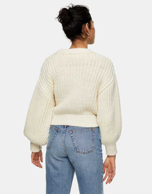 Topshop - Cardigan avvolgente in maglia crema, 2 di 4