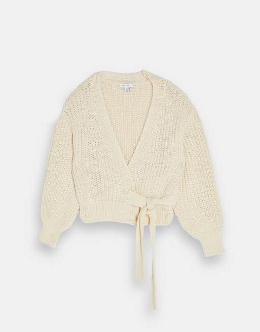 Topshop - Cardigan avvolgente in maglia crema, 4 di 4