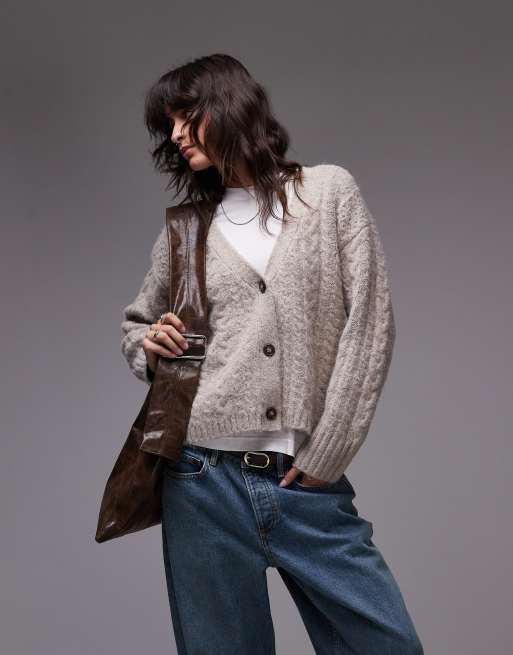 Topshop - Cardigan color avena in maglia a trecce con scollo a V