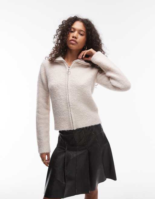 Topshop - Cardigan color avena in maglia bouclé soffice con zip