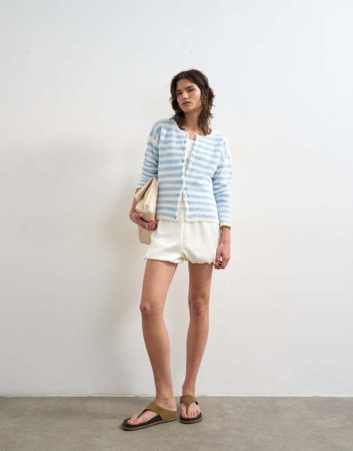 Topshop - Cardigan comodo in maglia leggera a coste blu ed écru a righe, 2 di 4