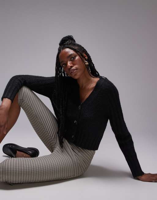 Topshop - Cardigan comodo nero in maglia a coste con scollo a V