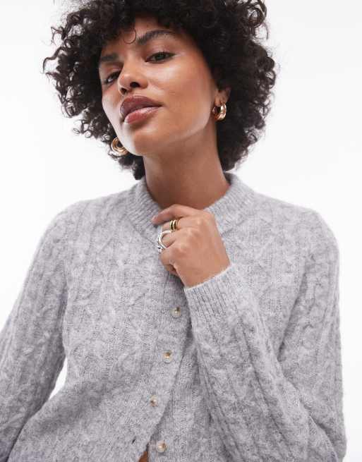 Topshop - Cardigan corto in maglia a trecce grigio, 3 di 4