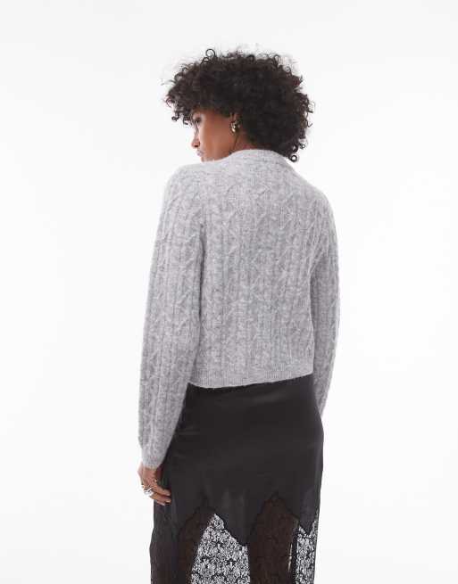 Topshop - Cardigan corto in maglia a trecce grigio, 4 di 4