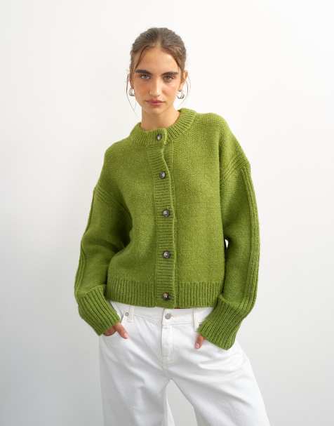 Topshop - cárdigan de punto boxy con punto calado y canalé profundo en verde - view 1