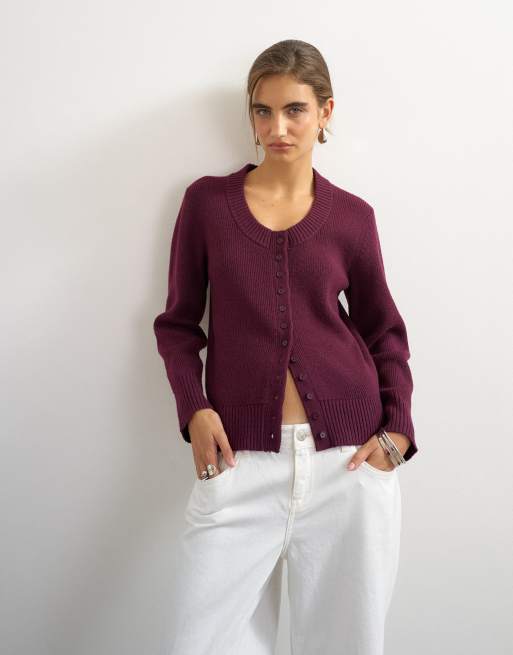 Topshop - cárdigan de punto con cuello ancho en color mulberry