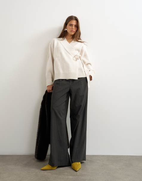 Topshop cárdigan de punto cruzado con lazada en la cintura y lana en marfil - view 1