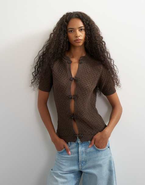 Topshop - cárdigan de punto de manga corta con cuello mao en marrón - view 1