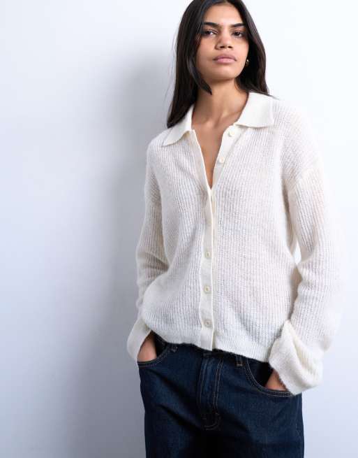 Topshop - Cardigan ecru in maglia traforata con colletto, 3 di 4