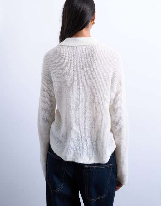 Topshop - Cardigan ecru in maglia traforata con colletto, 4 di 4