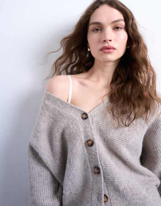 Topshop - Cardigan extra largo in maglia color avena con scollo a V
