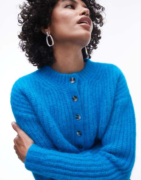 Topshop - Cardigan girocollo blu in maglia premium soffice di lana d'alpaca - view 1