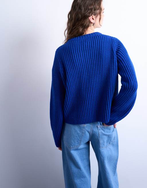 Topshop - Cardigan girocollo in maglia a coste blu comodo con bottoni, 2 di 4