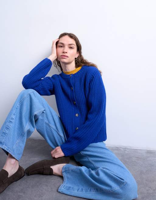 Topshop - Cardigan girocollo in maglia a coste blu comodo con bottoni, 3 di 4