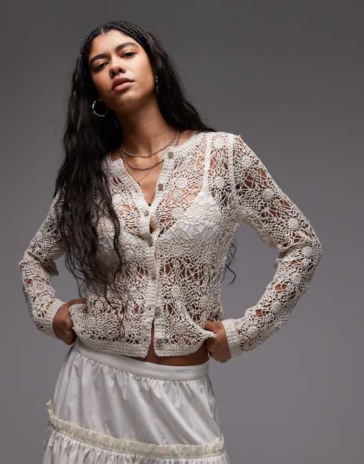 Topshop - Cardigan girocollo in maglia tonalità neutra all'uncinetto a fiori