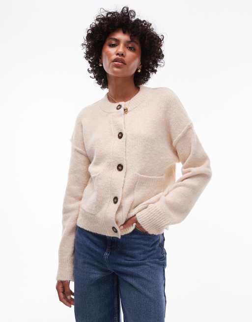 Topshop - Cardigan girocollo vestibilità comoda in maglia color crema con tasche e cuciture a vista