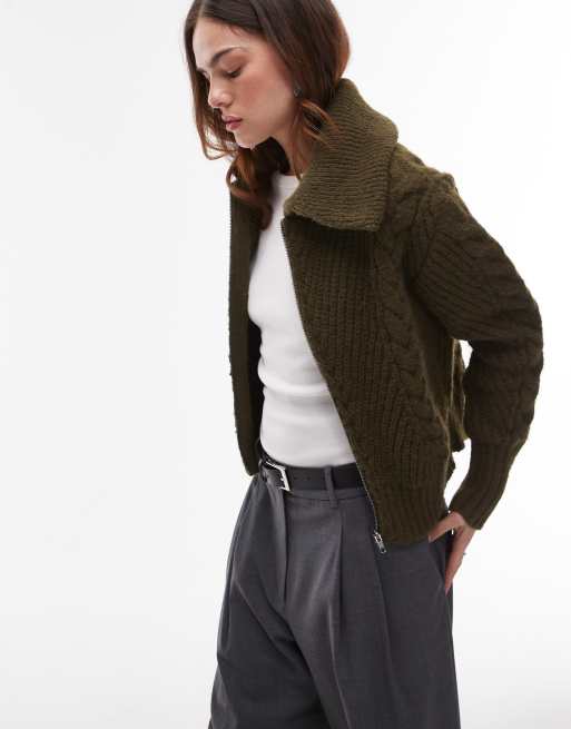 Topshop - Cardigan in maglia a trecce color kaki con zip e colletto oversize