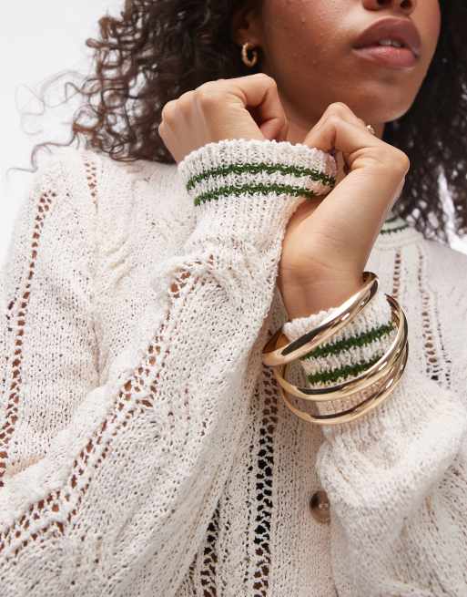 Topshop - Cardigan in maglia avorio a trecce con profili verdi a contrasto