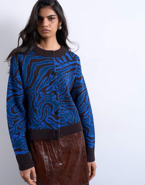 Topshop - Cardigan in maglia blu con stampa animalier - view 1