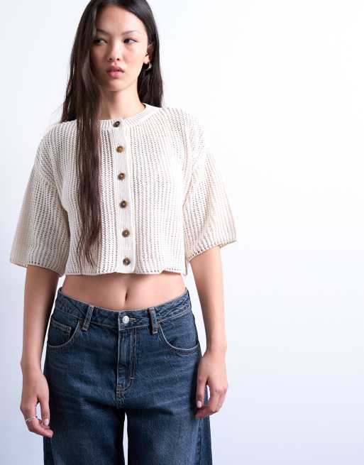 Topshop - Cardigan in maglia color crema con impunture e mezze maniche