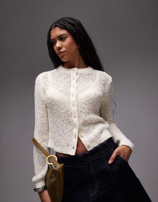 Topshop - Cardigan in maglia color latticello con cuciture