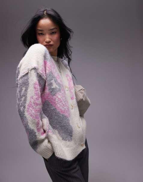 Topshop - Cardigan in maglia colore neutro con stampa oversize di fiori - view 1