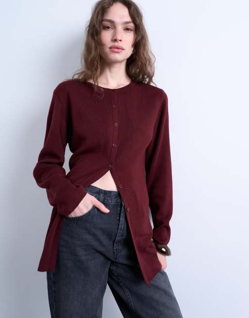 Topshop - Cardigan in maglia compatta taglio lungo bordeaux in coordinato
