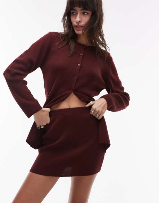 Topshop - Cardigan in maglia compatta taglio lungo e minigonna bordeaux