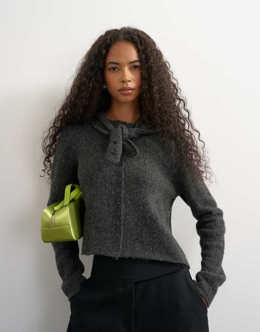 Topshop cardigan in maglia con sciarpa e lana antracite, 2 di 4