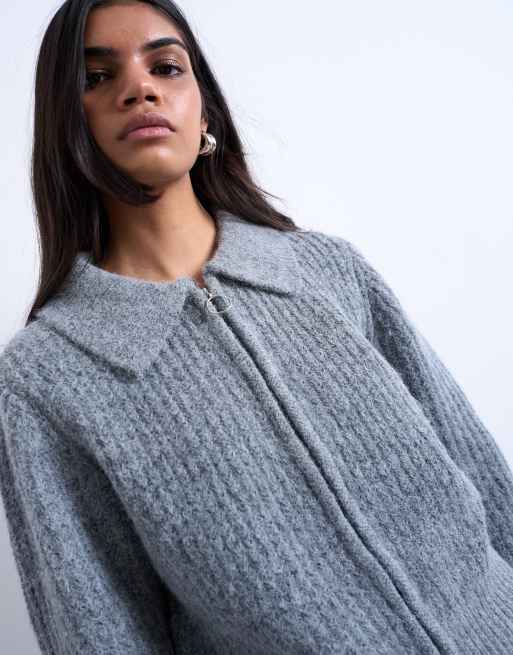 Topshop - Cardigan in maglia grigio con colletto e zip con anello, 3 di 4