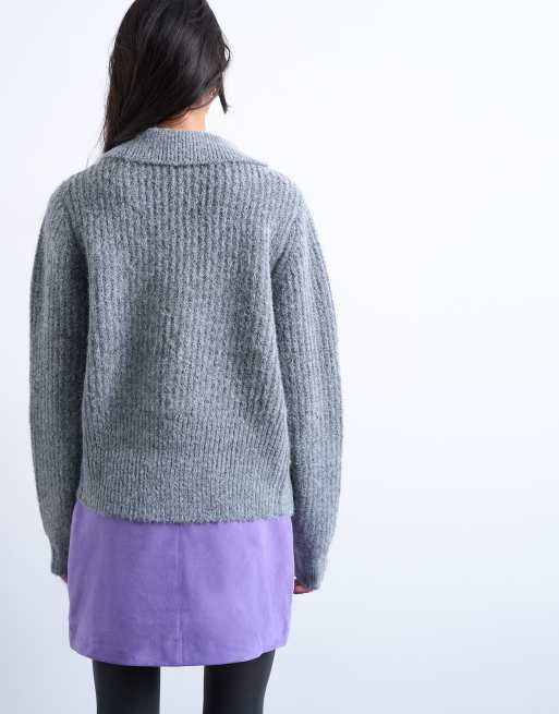 Topshop - Cardigan in maglia grigio con colletto e zip con anello, 4 di 4