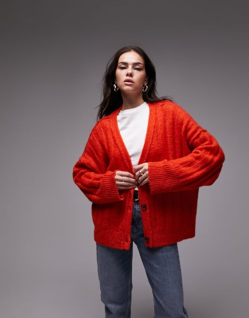 Topshop - Cardigan in maglia soffice arancione a coste larghe con scollo a V