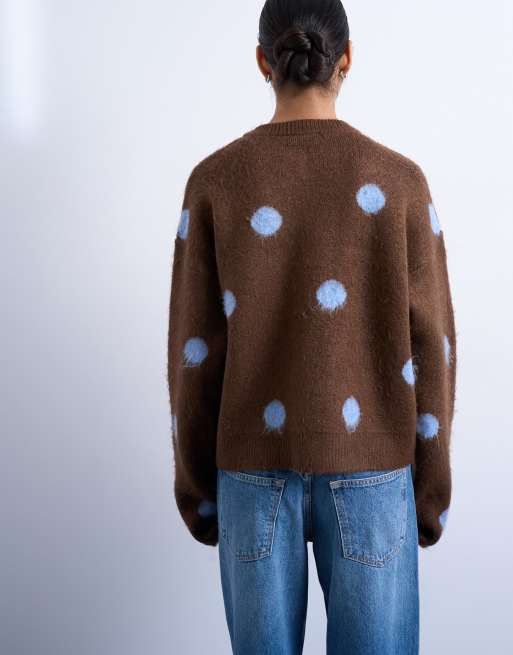 Topshop - Cardigan in maglia spazzolata marrone a pois, 2 di 4