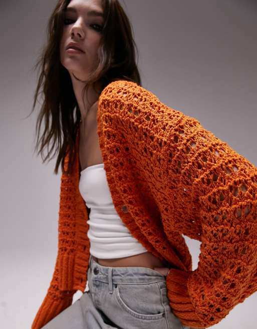 Topshop - Cardigan in maglia traforata arancione, 4 di 4