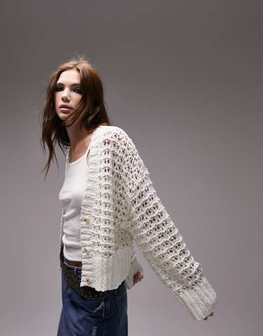 Topshop - Cardigan in maglia traforata color avorio
