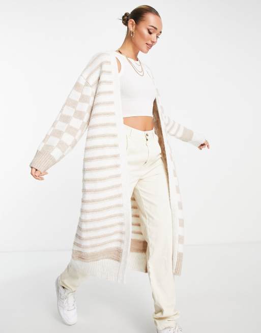 Topshop - Cardigan lungo in maglia color crema a righe e a scacchi