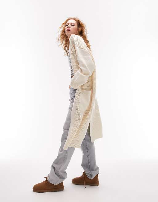 Topshop - Cardigan lungo in maglia color crema con cuciture a contrasto