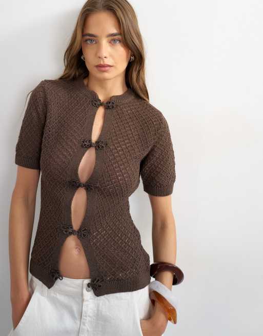 Topshop - Cardigan marrone in maglia con maniche corte e colletto alla coreana