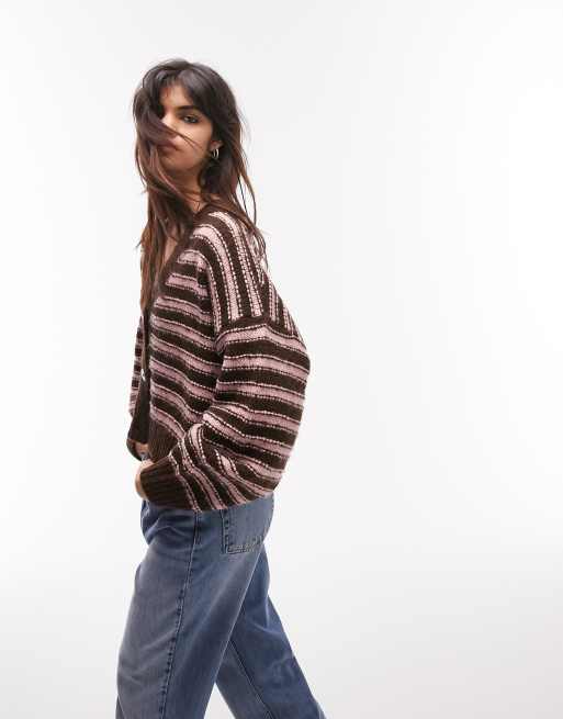 Topshop - Cardigan med chokoladebrune og lyserøde striber i tekstureret strik, 3 af 4