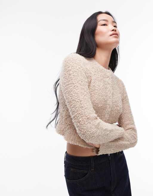 Topshop - Cardigan micro girocollo in maglia testurizzata color avorio