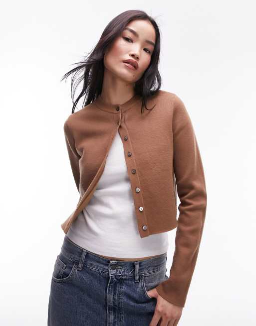 Topshop - Cardigan micro in maglia compatta color cammello