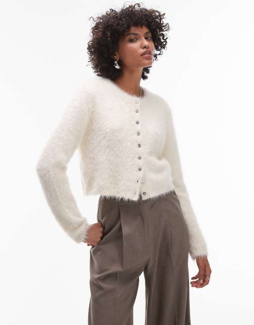 Topshop - Cardigan micro in maglia soffice color avorio
