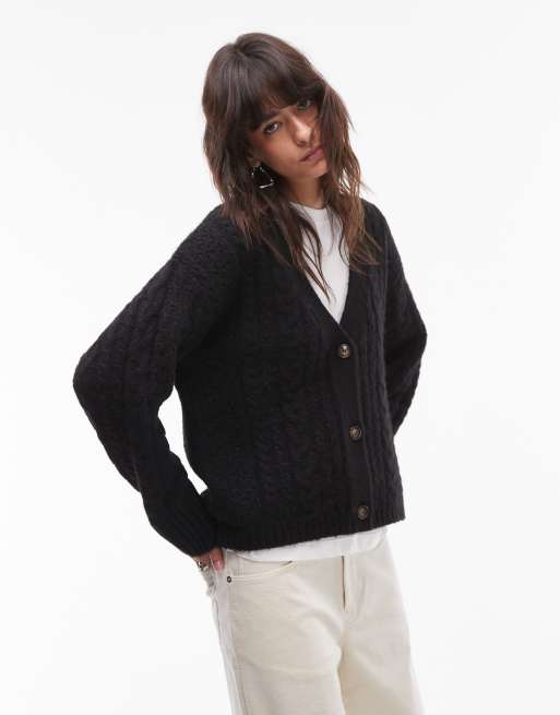 Topshop - Cardigan nero in maglia a trecce con scollo a V
