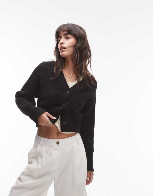 Topshop - Cardigan nero in maglia con maniche ovoidali e scollo a V
